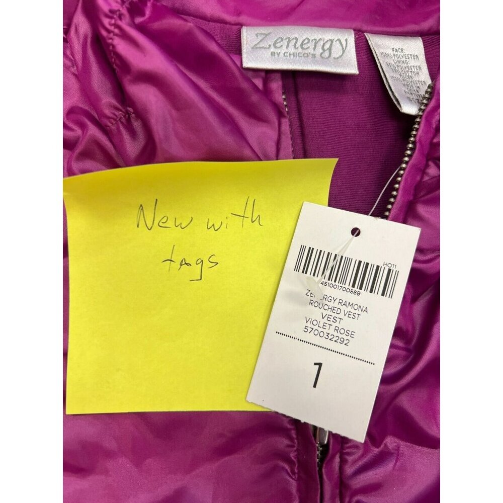 NWT Zenergy By Chicos Womens Pink Shimmer Romana Ruched Zip Puffer Vest Size - Picture 5 of 16